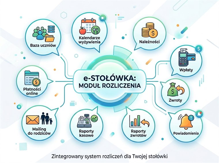 Schemat modułu Rozliczenia e-Stołówki: baza uczniów, kalendarze wyżywienia, należności, wpłaty, płatności online, zwroty, raporty kasowe i raporty zwrotów oraz mailing i powiadomienia dla rodziców